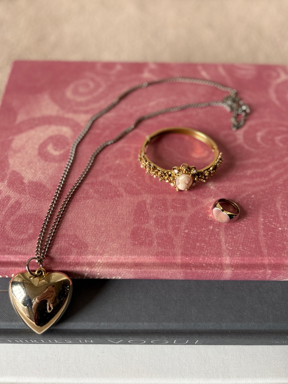 Gold Heart Pendant, Ring, and Bracelet Jewelry Lot